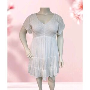 Angie Plus Size 2X White Swiss Dot Dress Smocked V-Neck Tiered Ruffle Boho